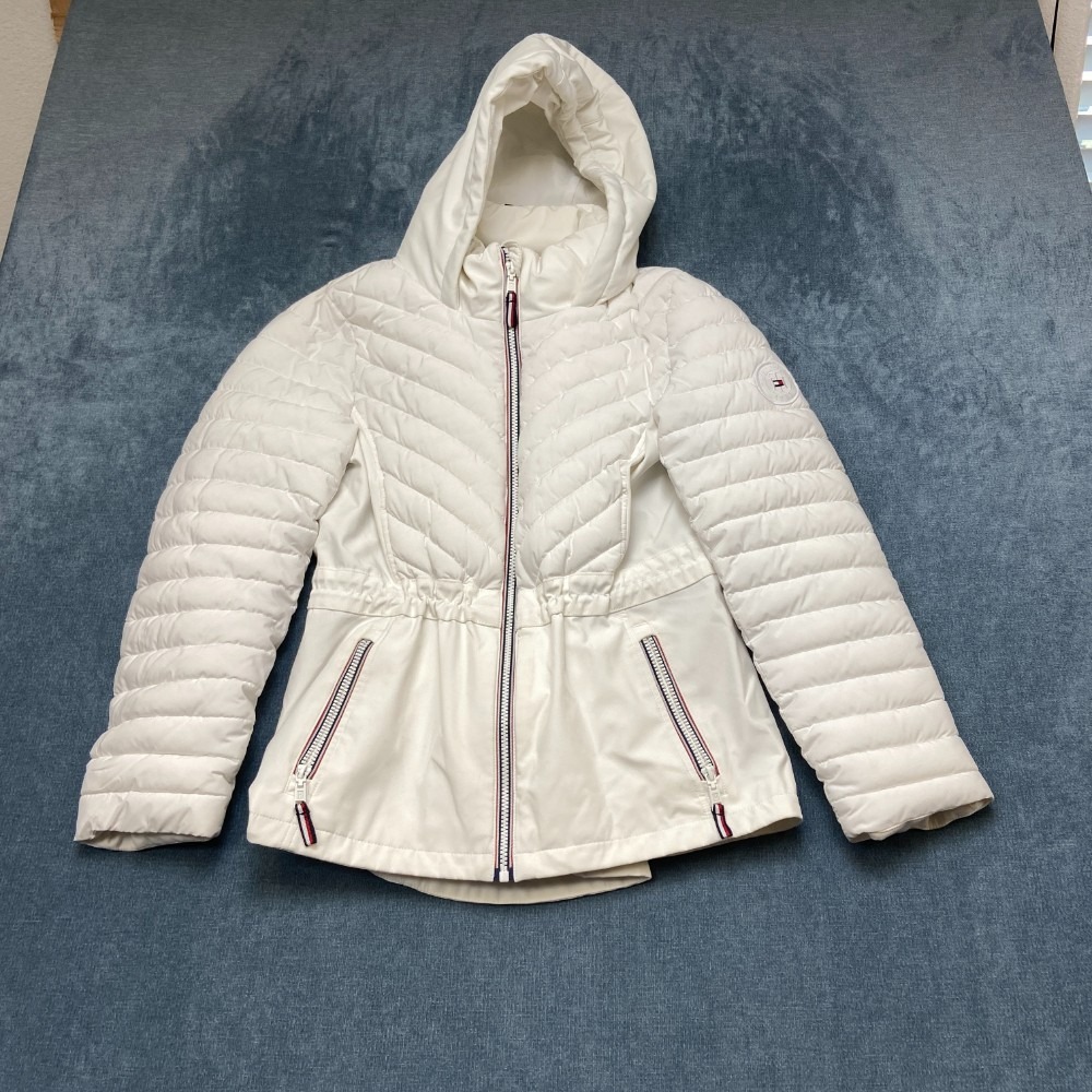 Tommy Hilfiger Quilted Puffer Jacket Womens Medium White Full Zip Winter Warm